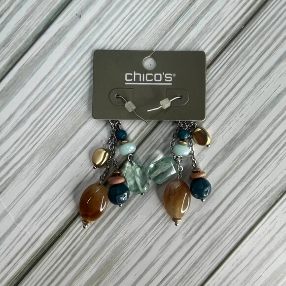 Chico's Women's Drop Beaded Dangly Silver Earrings NWT Tan Green Gold - Picture 1 of 3